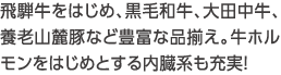 飛騨牛をはじめ、黒毛和牛、大田中牛、養老山麓豚など豊富な品揃え。牛ホルモンをはじめとする内臓系も充実！