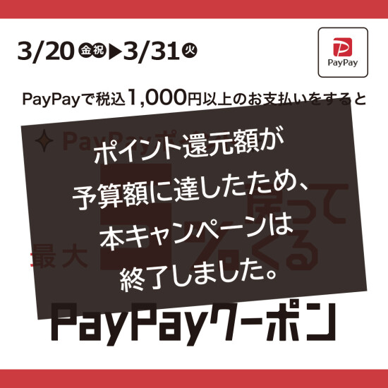 PayPayポイント最大５％戻ってくる！キャンペーン終了のご案内